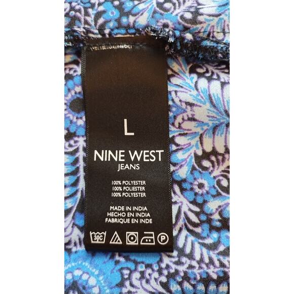 Nine West Blue/Black & white semi sheer Tunic Blouse neck tassel size Large - Picture 6 of 11